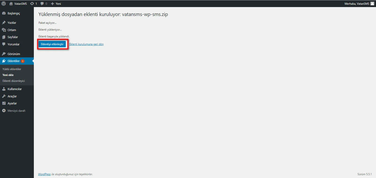 WordPress SMS Eklentisi Kurulumunun 2.Adımı